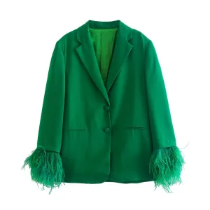 Beautiful Green Feather Cuff Blazer Jacket