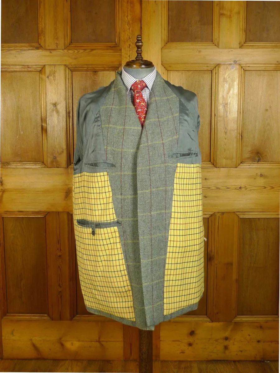 080824/02 amazing 1999 anderson & sheppard savile row bespoke grey wp check tweed field coat w/ tattersall lining 44-45 regular