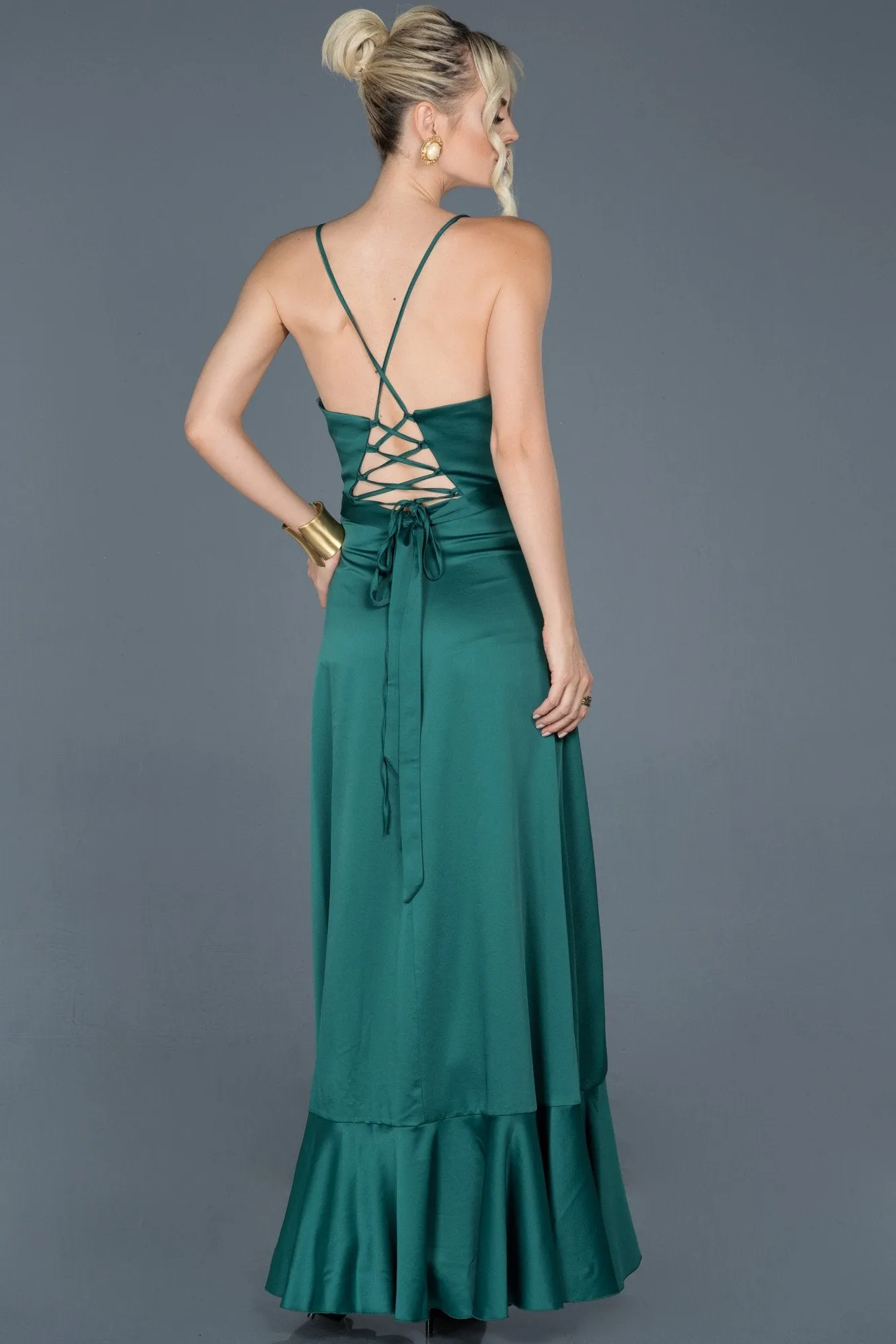 16032 Emerald Green Ruffle Slit Satin Dress