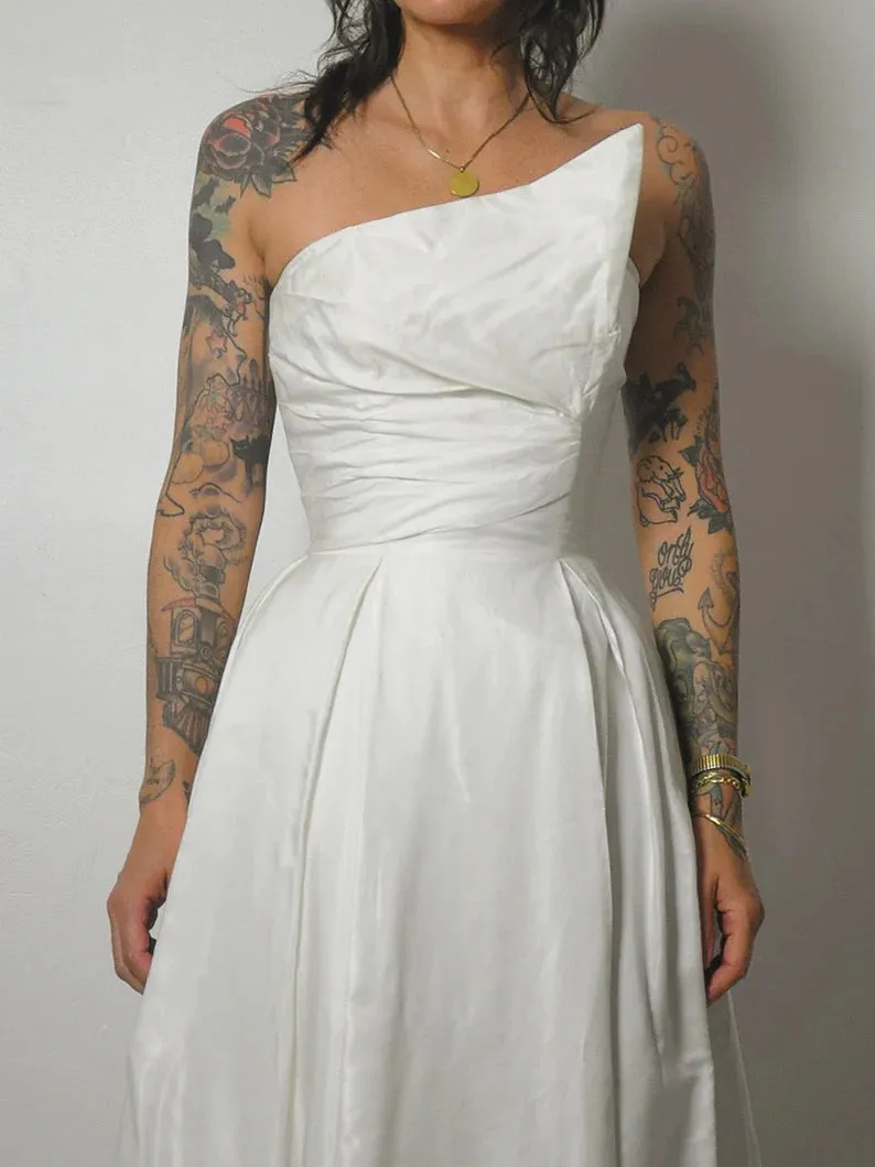 1950's White Asymmetric Bust Gown