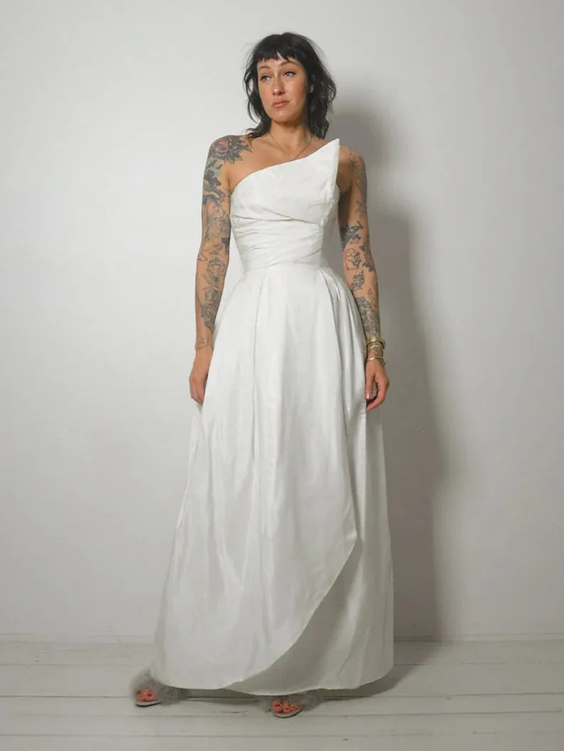 1950's White Asymmetric Bust Gown