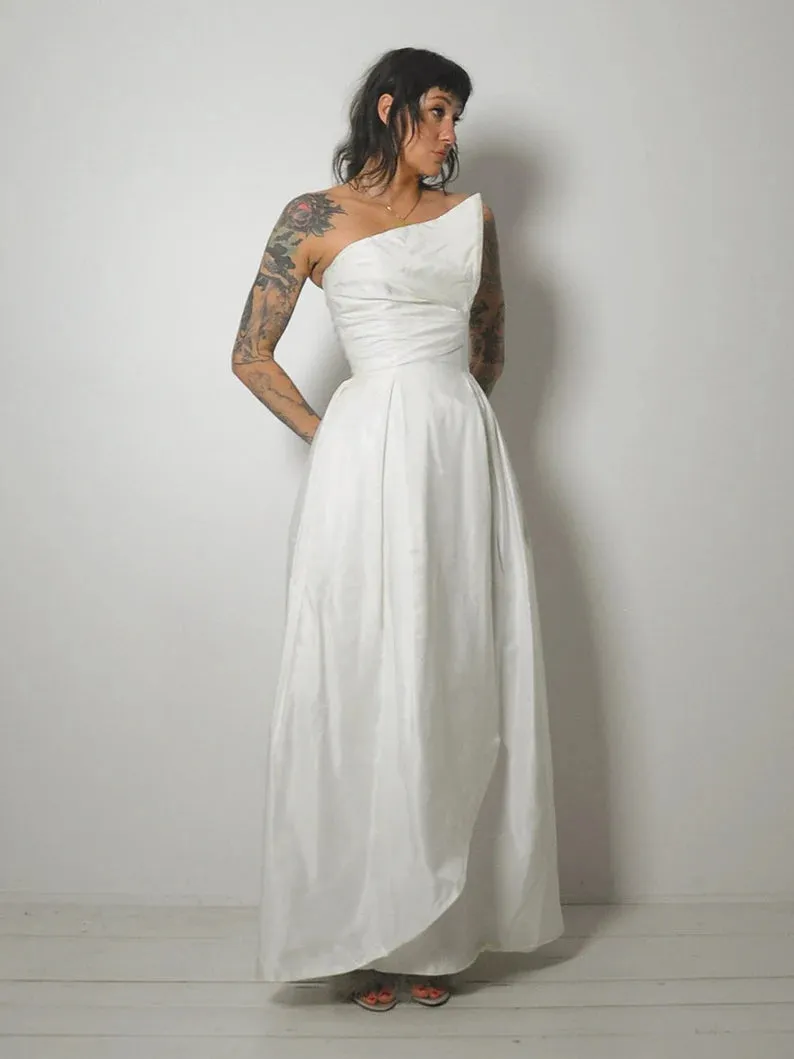 1950's White Asymmetric Bust Gown