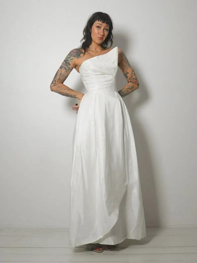 1950's White Asymmetric Bust Gown