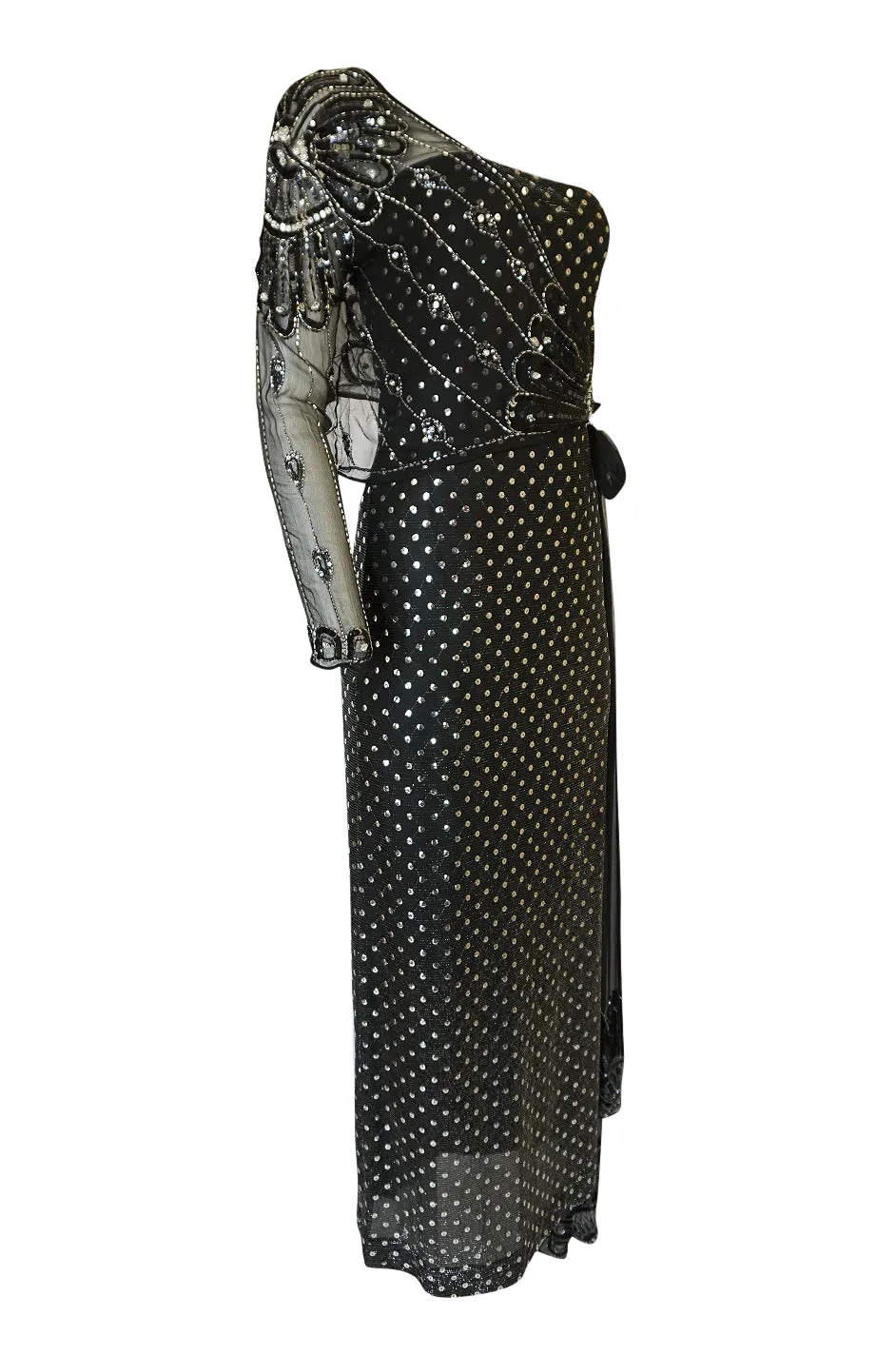 1970s Bill Gibb Silver & Black Dress w Beaded Shoulder Piece