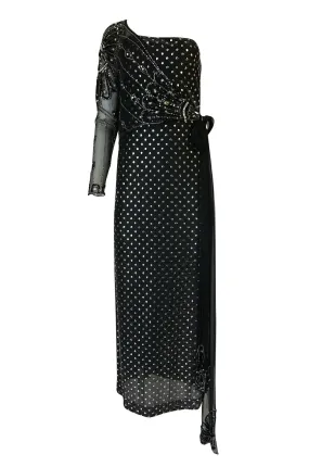 1970s Bill Gibb Silver & Black Dress w Beaded Shoulder Piece