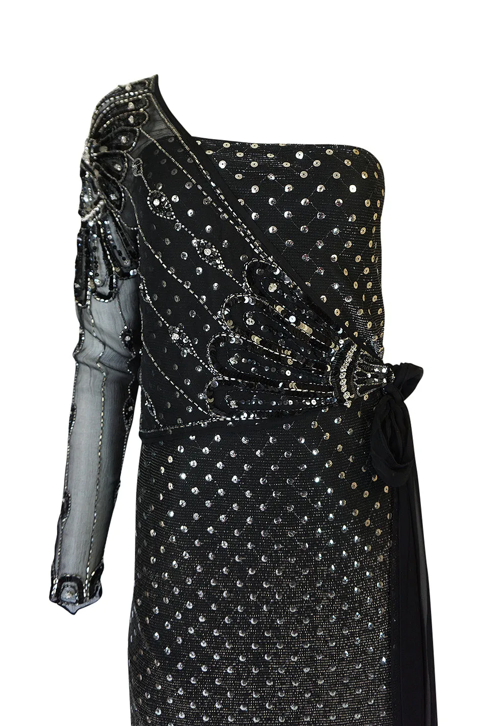 1970s Bill Gibb Silver & Black Dress w Beaded Shoulder Piece