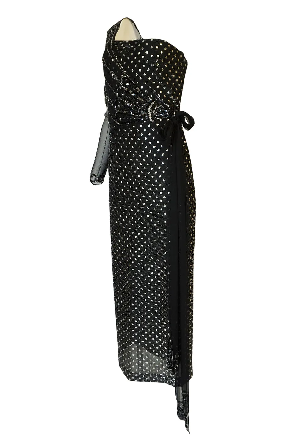 1970s Bill Gibb Silver & Black Dress w Beaded Shoulder Piece