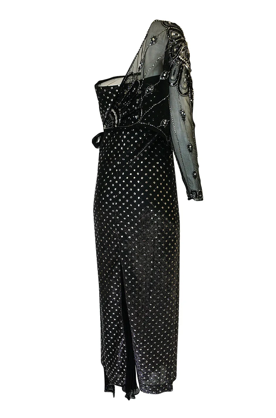 1970s Bill Gibb Silver & Black Dress w Beaded Shoulder Piece