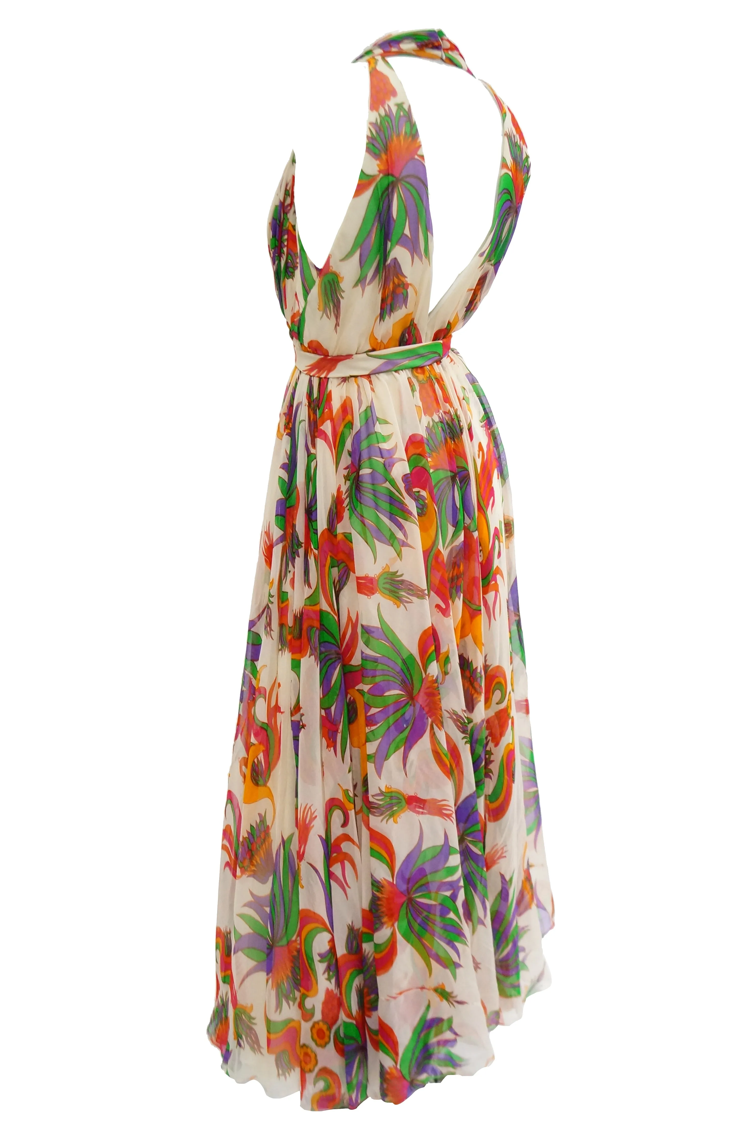 1970s Neiman Marcus Floral Silk Chiffon Maxi Dress