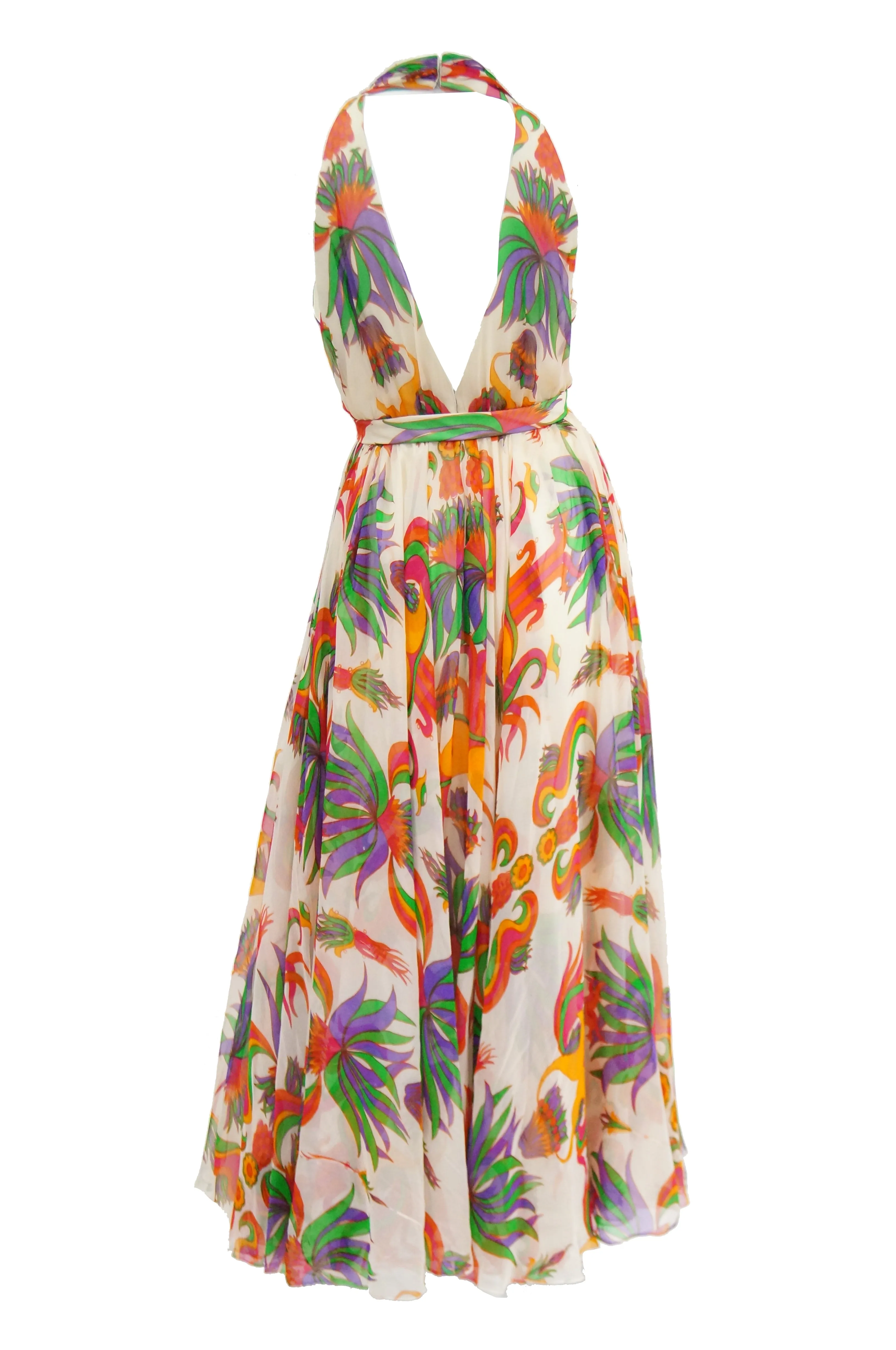 1970s Neiman Marcus Floral Silk Chiffon Maxi Dress