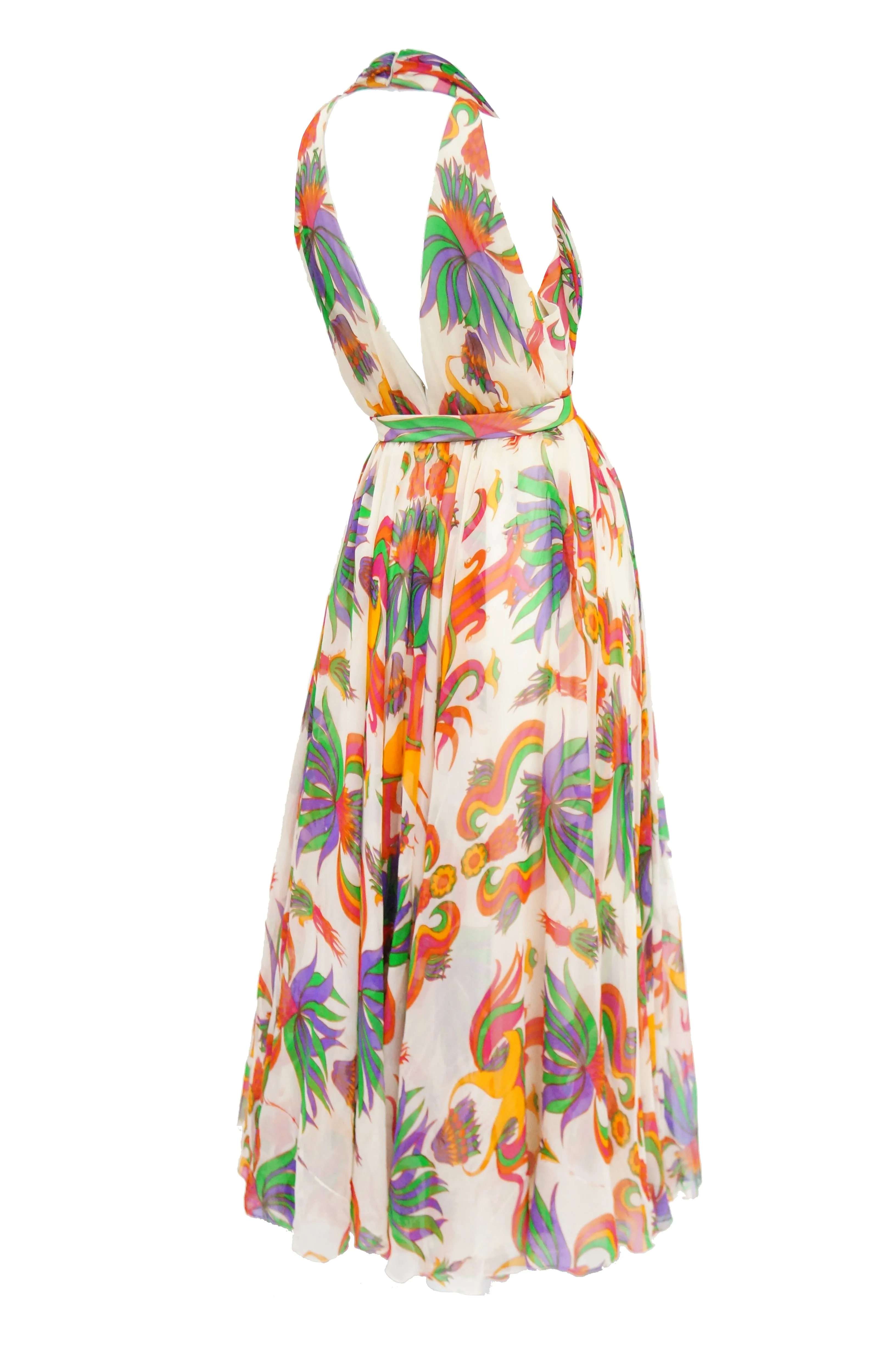 1970s Neiman Marcus Floral Silk Chiffon Maxi Dress