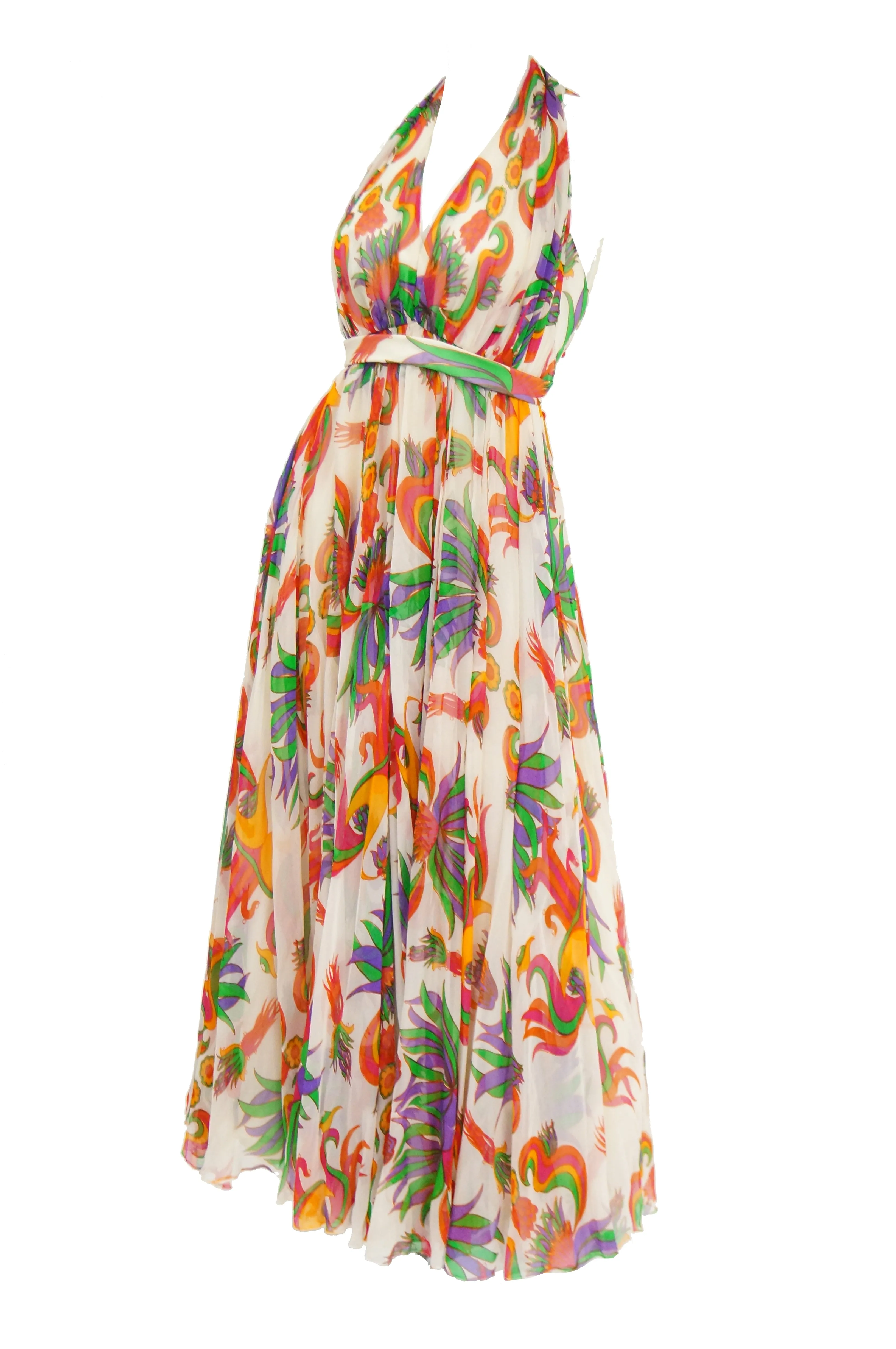 1970s Neiman Marcus Floral Silk Chiffon Maxi Dress