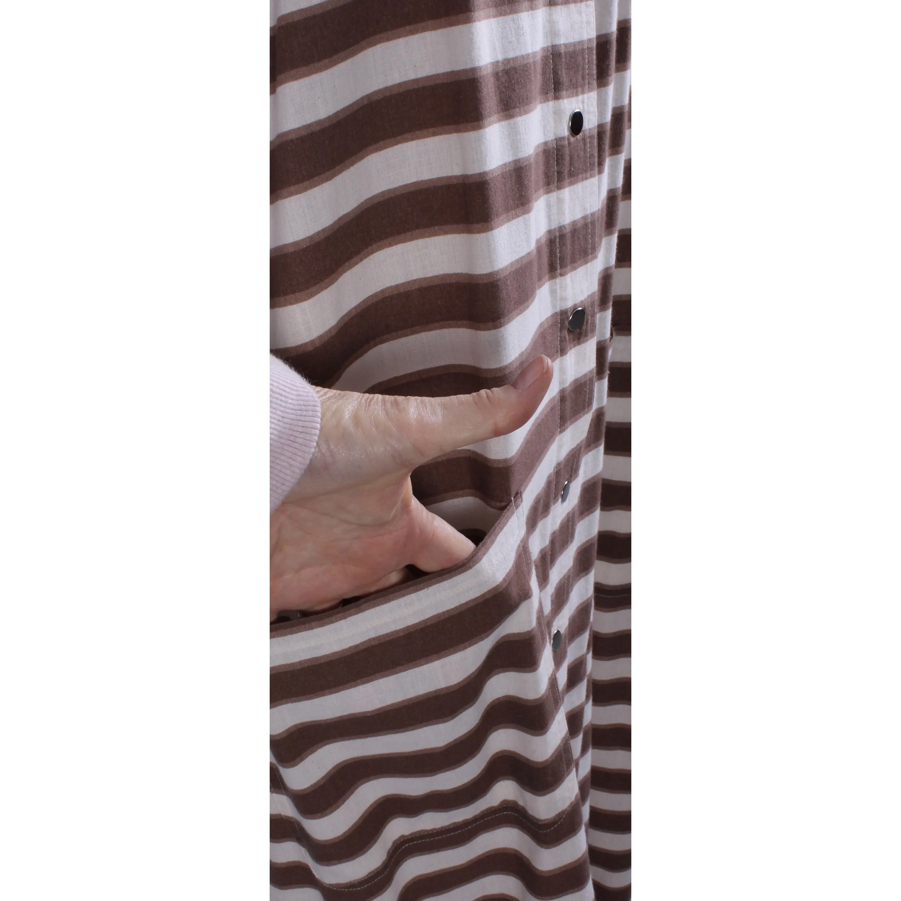 1970s Vuokko Maxi Dress Snap Front Horizontal Stripe Cotton  Mocha Brown 1970s M