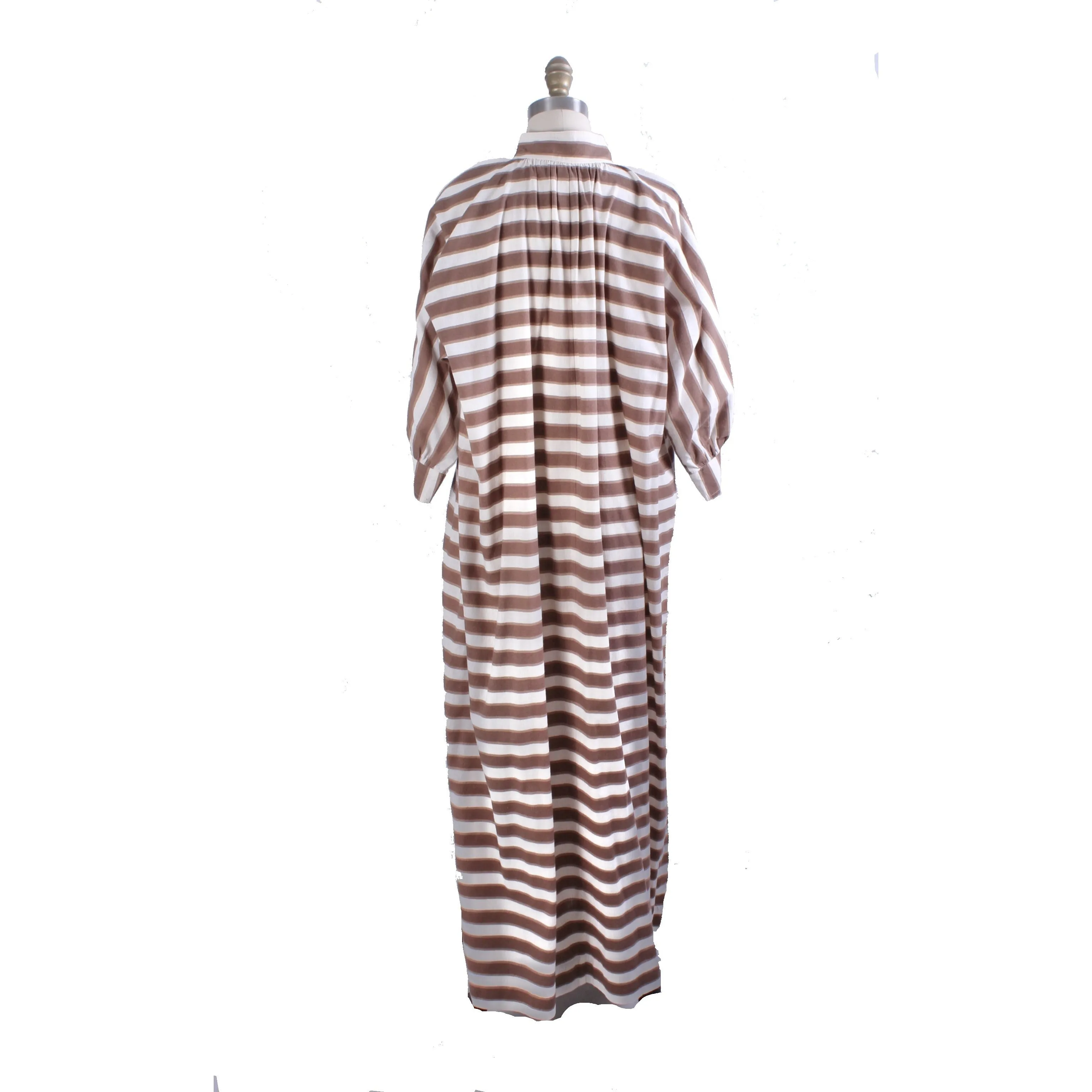 1970s Vuokko Maxi Dress Snap Front Horizontal Stripe Cotton  Mocha Brown 1970s M