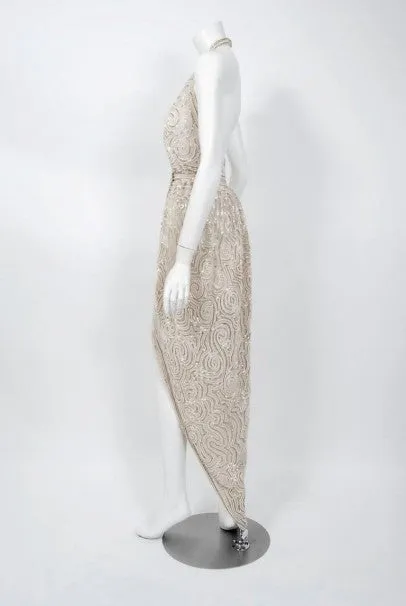 1975 Halston Couture Ivory Pearl Beaded Swirl Silk Halter Backless Wrap Gown