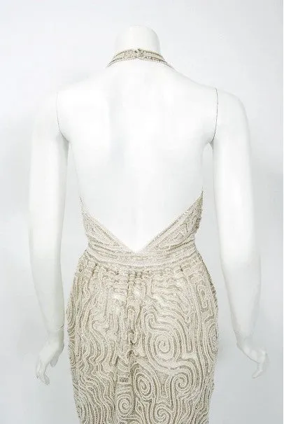 1975 Halston Couture Ivory Pearl Beaded Swirl Silk Halter Backless Wrap Gown