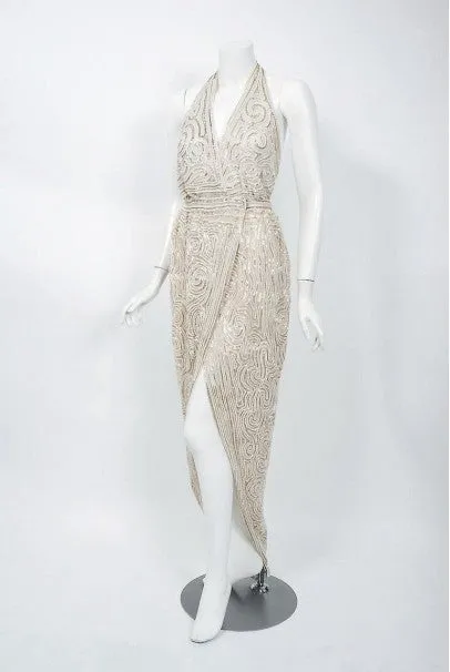 1975 Halston Couture Ivory Pearl Beaded Swirl Silk Halter Backless Wrap Gown