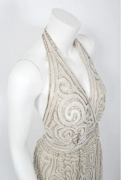 1975 Halston Couture Ivory Pearl Beaded Swirl Silk Halter Backless Wrap Gown