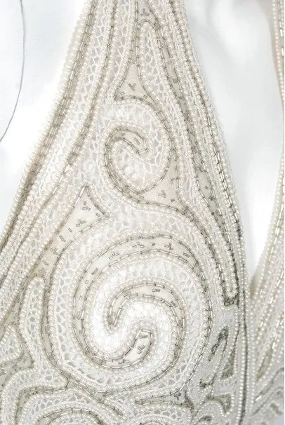 1975 Halston Couture Ivory Pearl Beaded Swirl Silk Halter Backless Wrap Gown