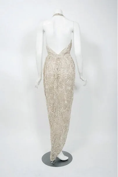 1975 Halston Couture Ivory Pearl Beaded Swirl Silk Halter Backless Wrap Gown