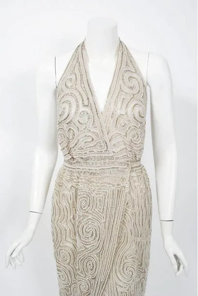 1975 Halston Couture Ivory Pearl Beaded Swirl Silk Halter Backless Wrap Gown