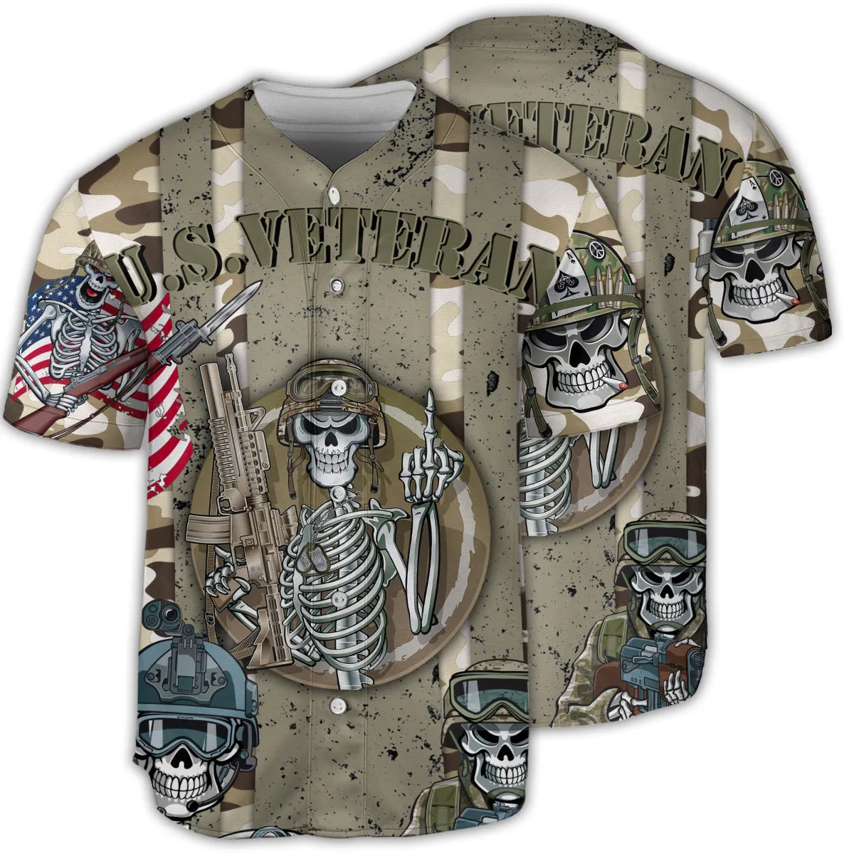 3D All Over Print Veteran US Skull Style Baseball Jersey, Skull Shirt, Gift for Men Veteran