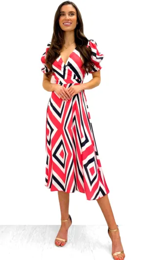 4-9576 Coral Stripey Flare Dress