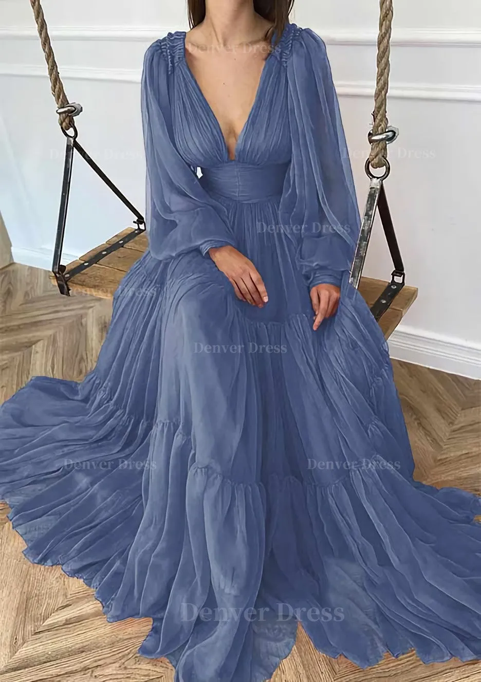 A-line V Neck Full/Long Sleeve Long/Floor-Length Chiffon Prom Dress With Pleated