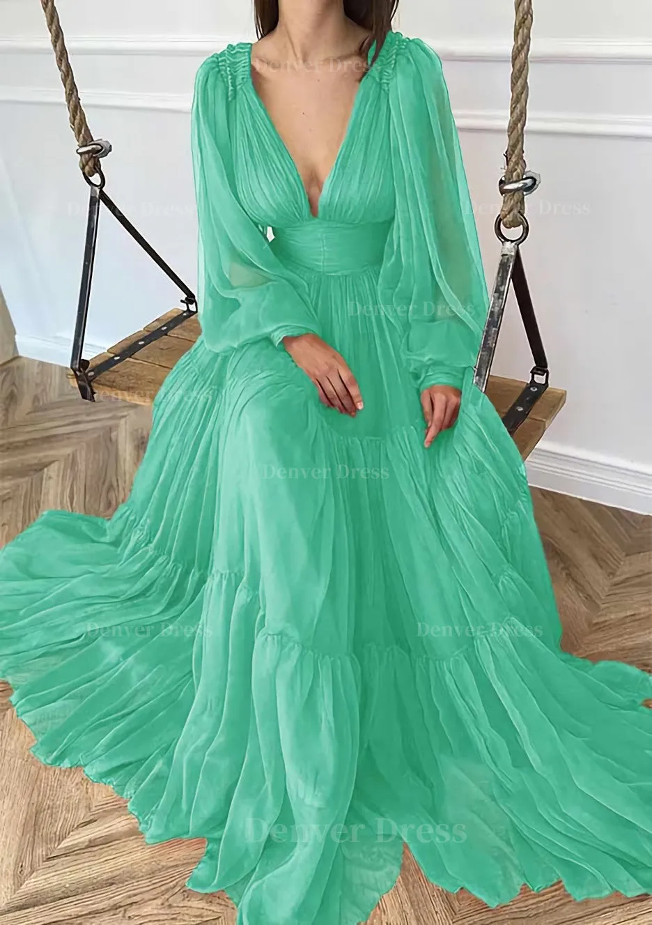 A-line V Neck Full/Long Sleeve Long/Floor-Length Chiffon Prom Dress With Pleated