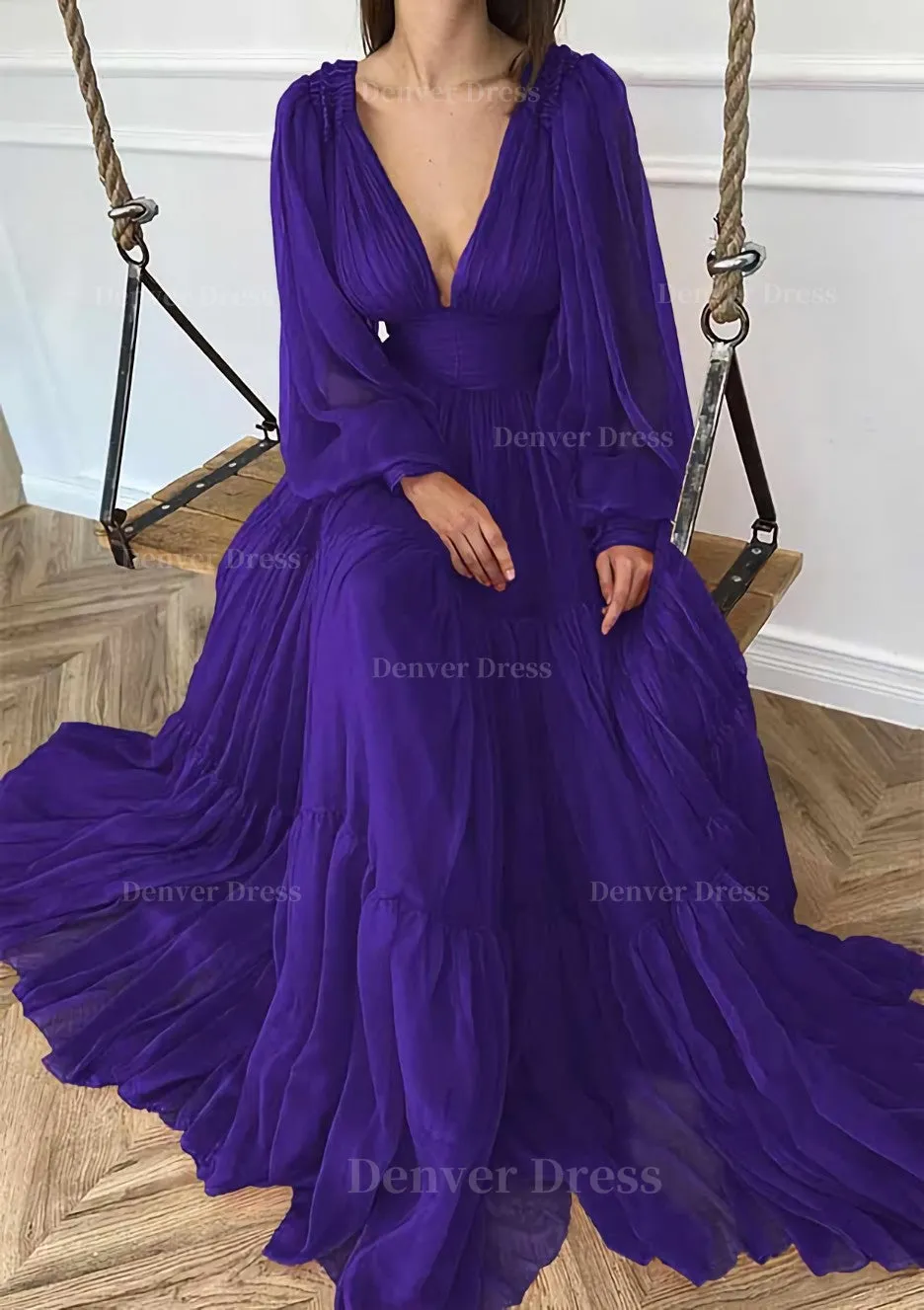 A-line V Neck Full/Long Sleeve Long/Floor-Length Chiffon Prom Dress With Pleated