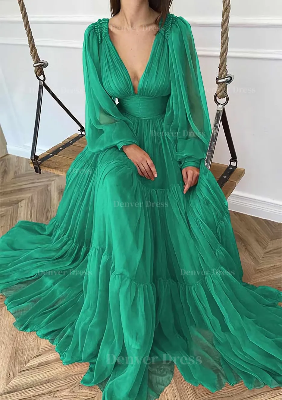 A-line V Neck Full/Long Sleeve Long/Floor-Length Chiffon Prom Dress With Pleated