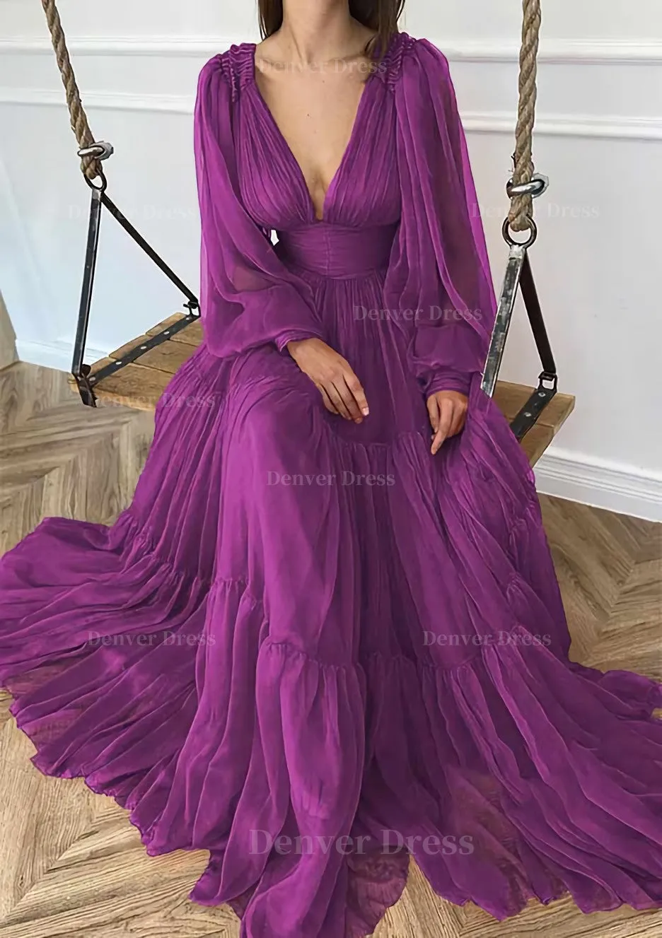 A-line V Neck Full/Long Sleeve Long/Floor-Length Chiffon Prom Dress With Pleated