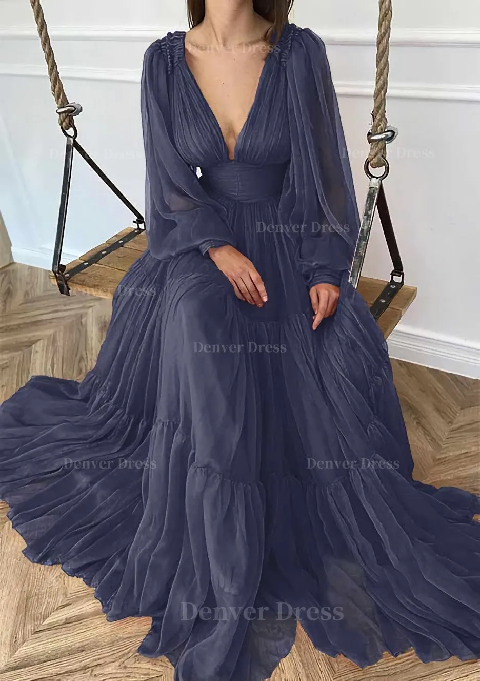 A-line V Neck Full/Long Sleeve Long/Floor-Length Chiffon Prom Dress With Pleated