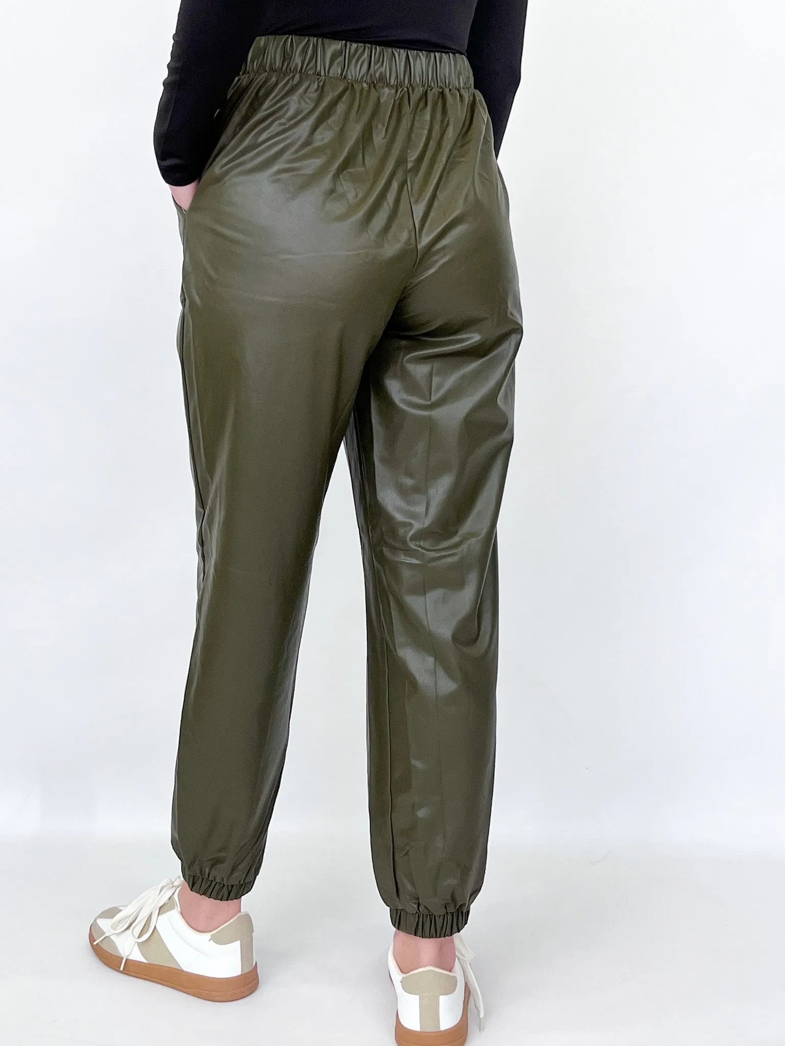 Addison - Olive Green Faux Leather Joggers