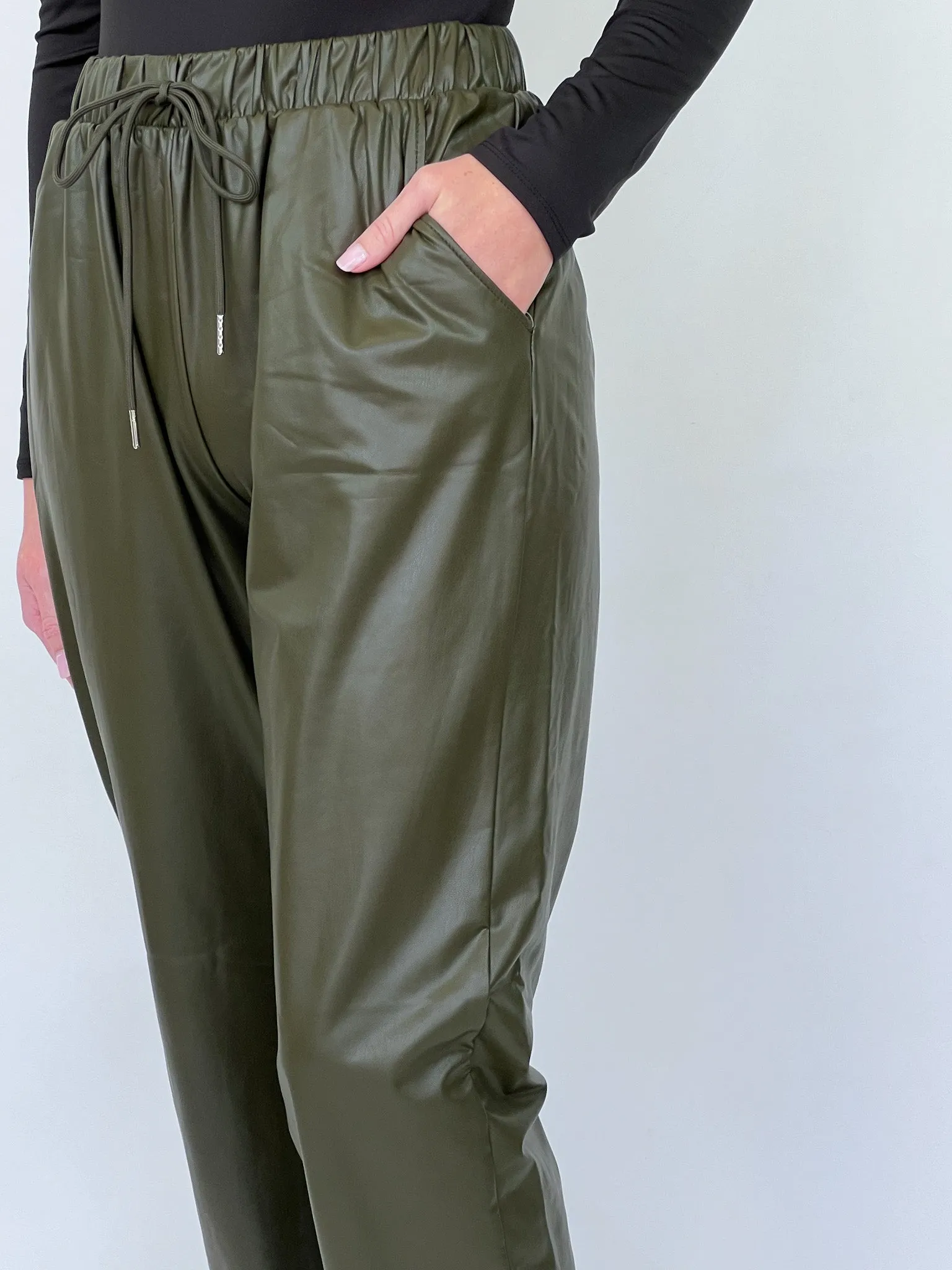 Addison - Olive Green Faux Leather Joggers