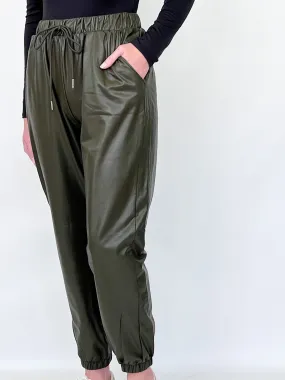 Addison - Olive Green Faux Leather Joggers