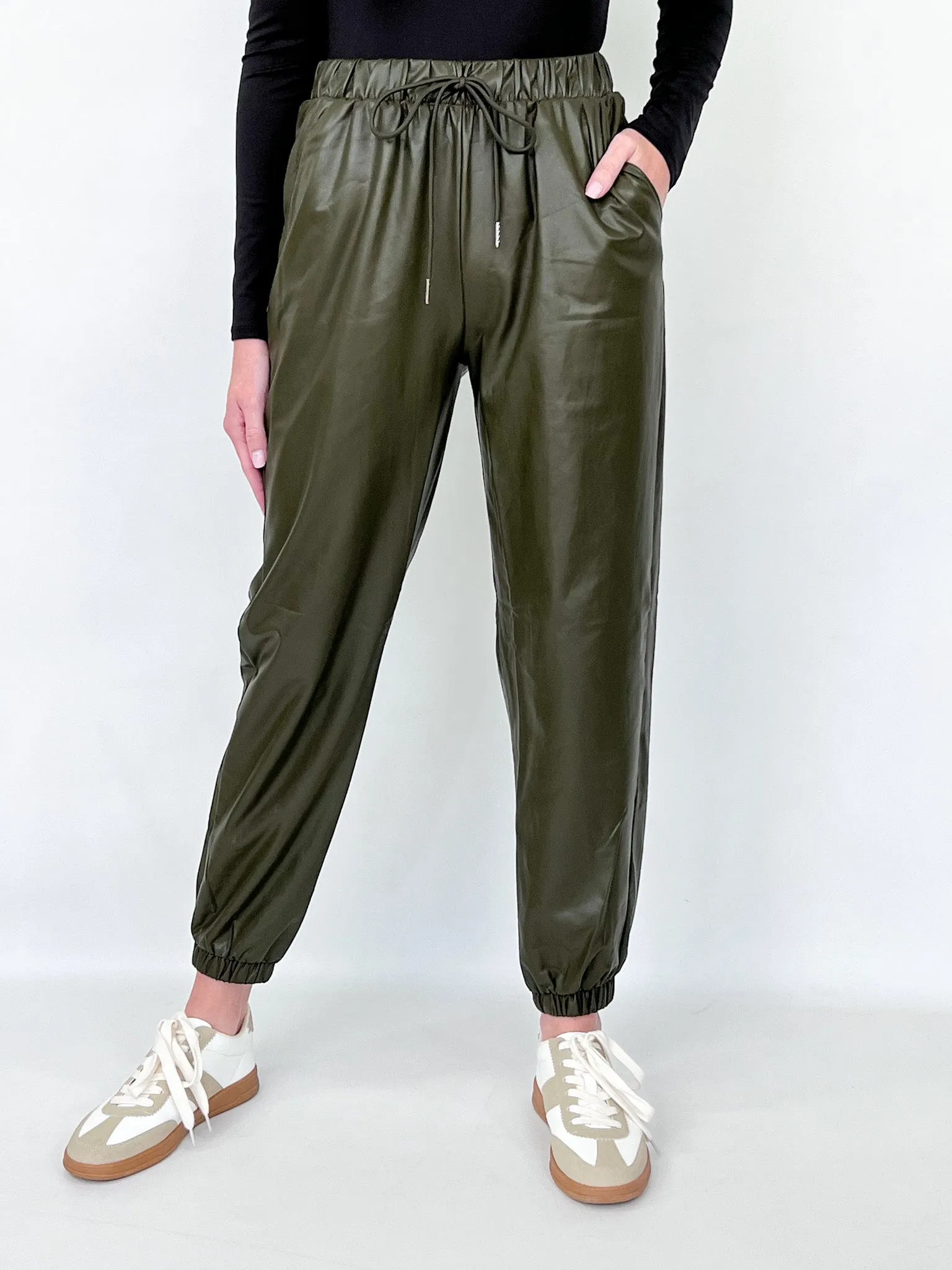 Addison - Olive Green Faux Leather Joggers