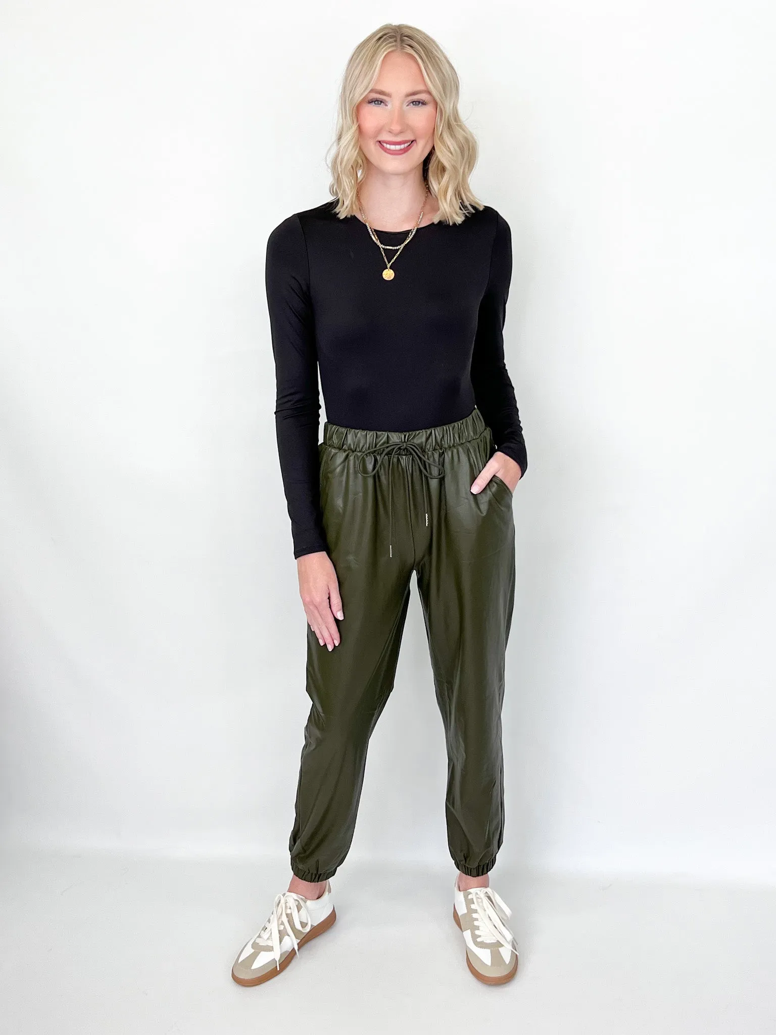 Addison - Olive Green Faux Leather Joggers