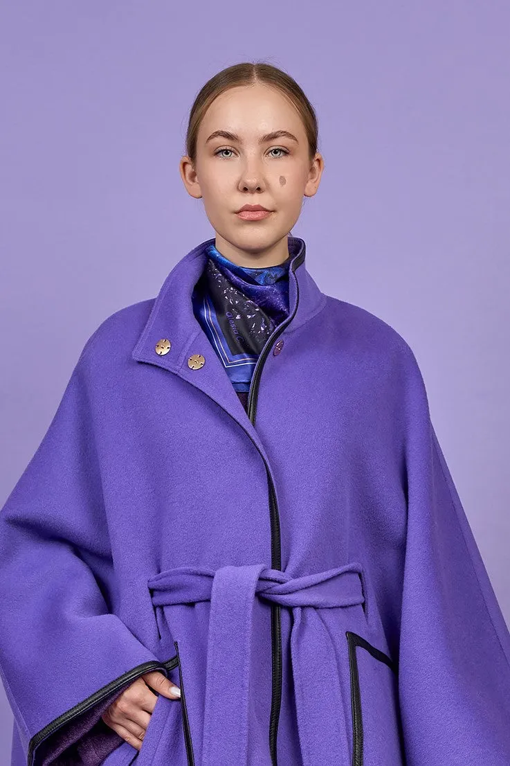 ALICE Purple Belted Cape Coat in Virgin Wool Cashmere Black Leather