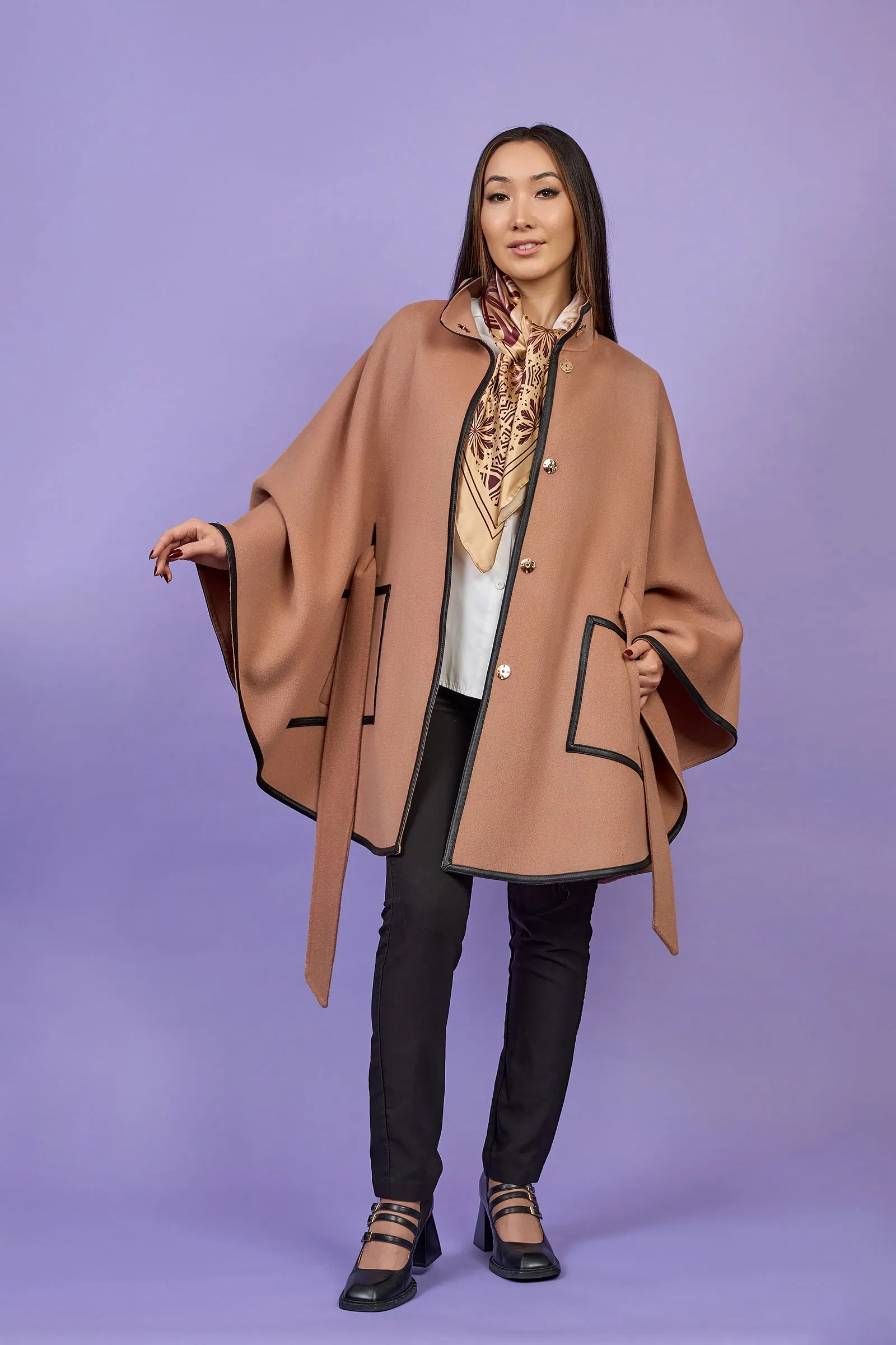 ALICE Rose Beige Belted Cape Coat in Virgin Wool Cashmere Black Leather