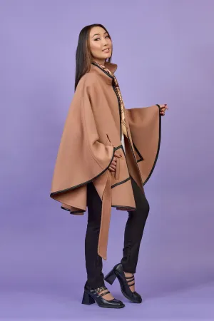 ALICE Rose Beige Belted Cape Coat in Virgin Wool Cashmere Black Leather