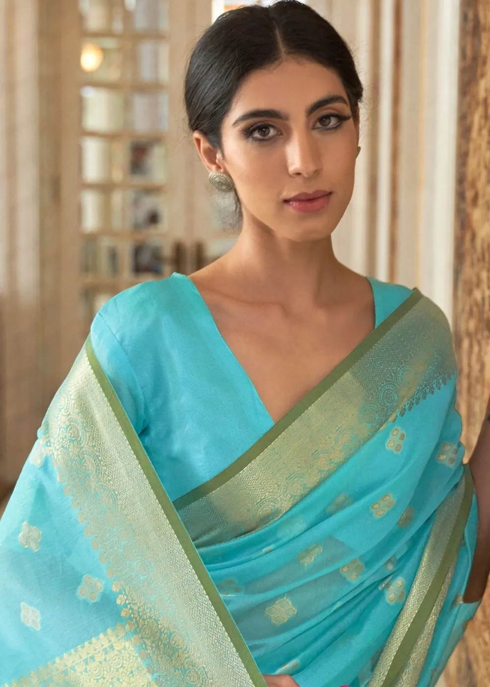 Arctic Blue Zari Woven Linen Silk Saree