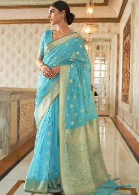 Arctic Blue Zari Woven Linen Silk Saree