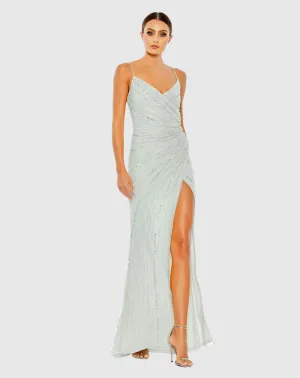 Beaded Sleeveless Faux Wrap Gown