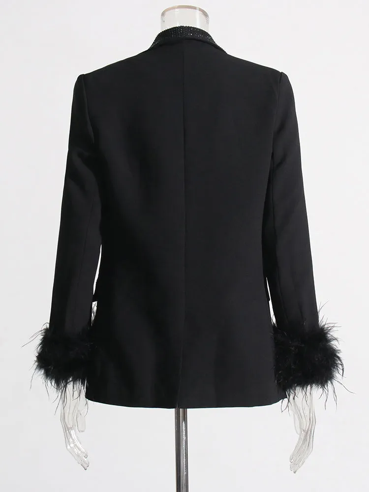 Beautiful Black Feather Cuff Crystal Bejeweled Blazer Jacket