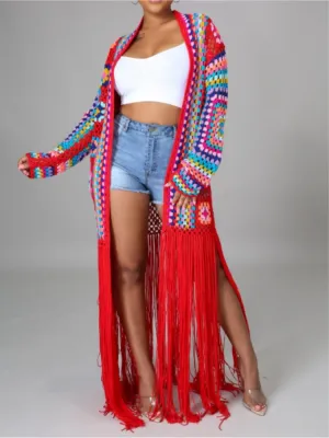 Beautiful Boho Red Multicolor Fringe Crochet Maxi Sweater