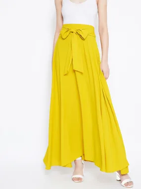 Berrylush Women Solid Yellow Waist Bow Tie-Up Pleated Maxi Skirt