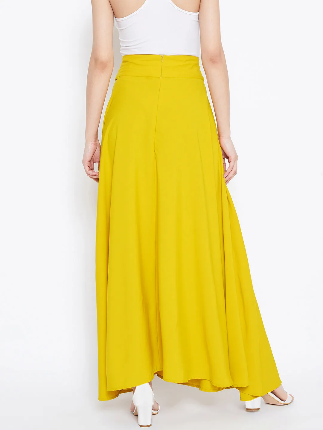 Berrylush Women Solid Yellow Waist Bow Tie-Up Pleated Maxi Skirt