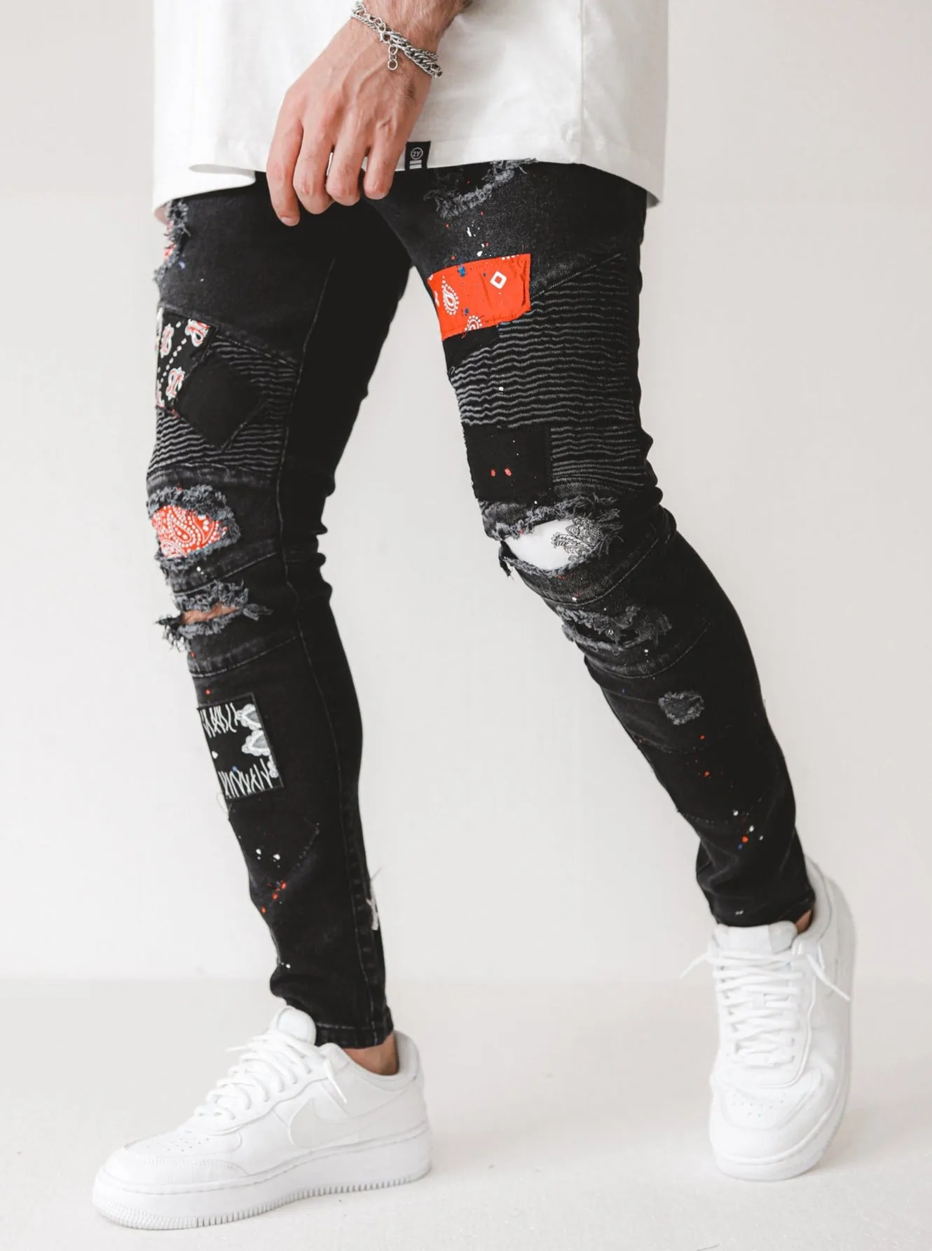 Biker Patched Ripped Black Jeans