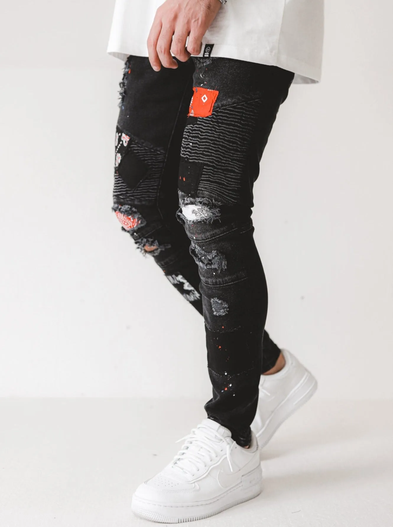 Biker Patched Ripped Black Jeans